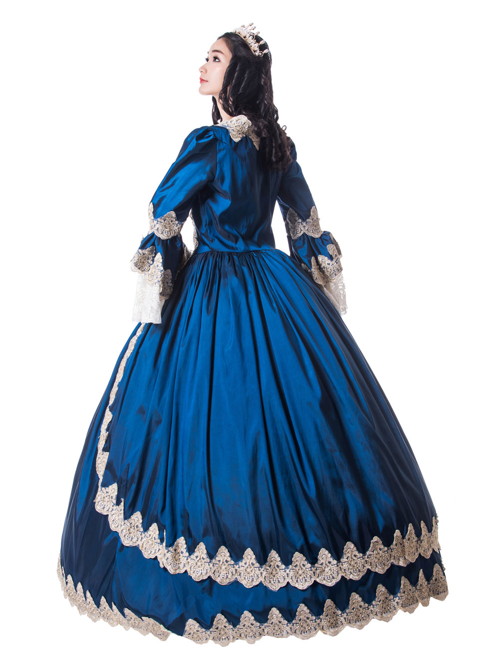 プリンセス 女性用 貴族ドレス 中世 ドレス ロイヤルブルー 長袖 マットサテン サテン マルディグラ ドレス ヴィクトリア風 中世 ドレス