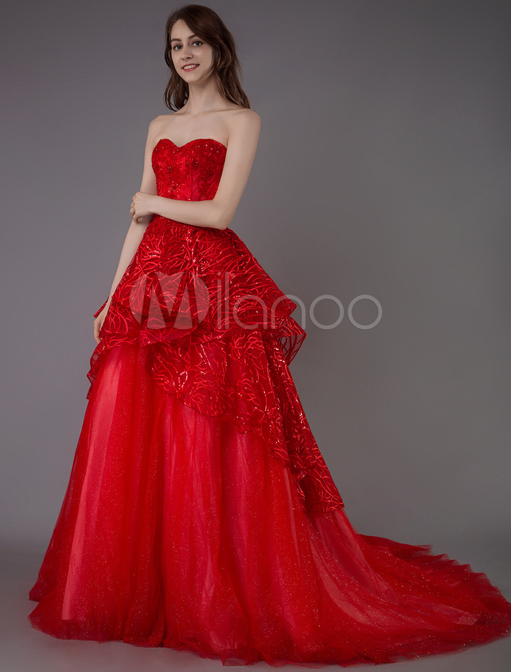 Red Prom Dress 2022 Princess Sweetheart Sleeveless Lace Sequins Formal ...