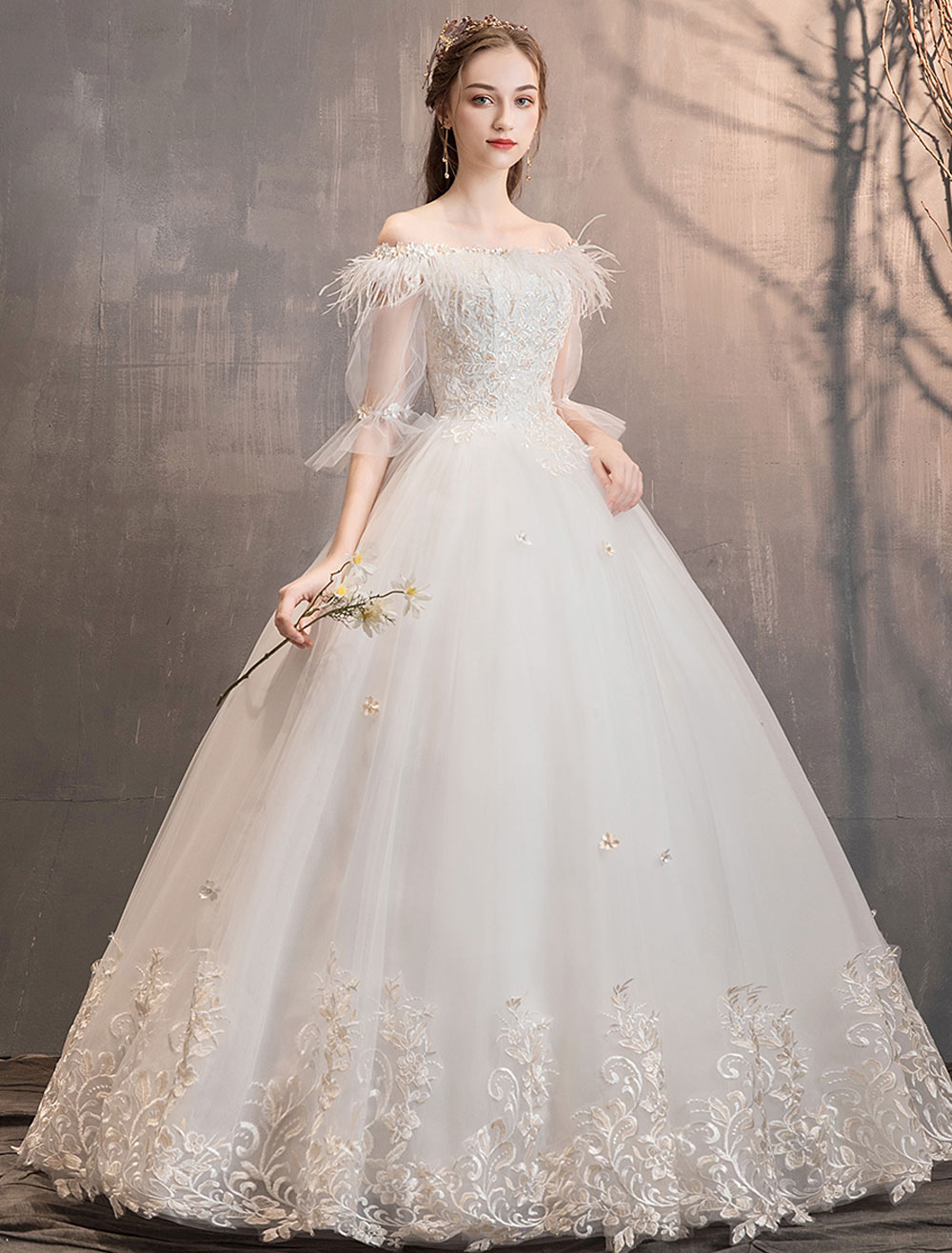 Princess Wedding Dresses Tulle Ivory Off The Shoulder Lace Applique ...