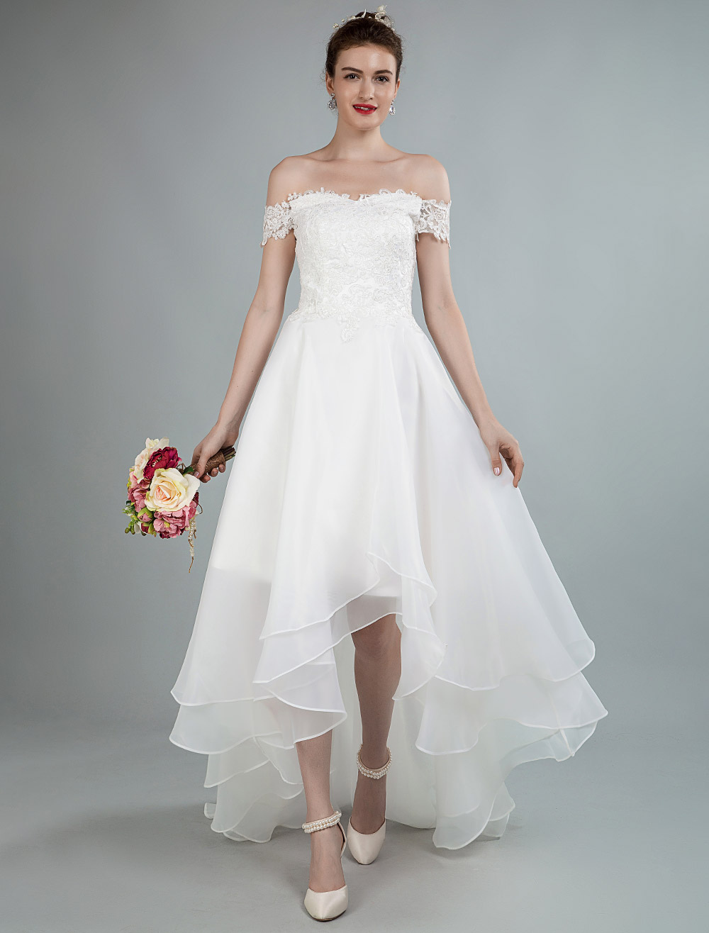 Robe De Mariée Simple Hors De Lépaule En Dentelle Haut Bas Jupe Asymétrique En Organza Robe De 5174