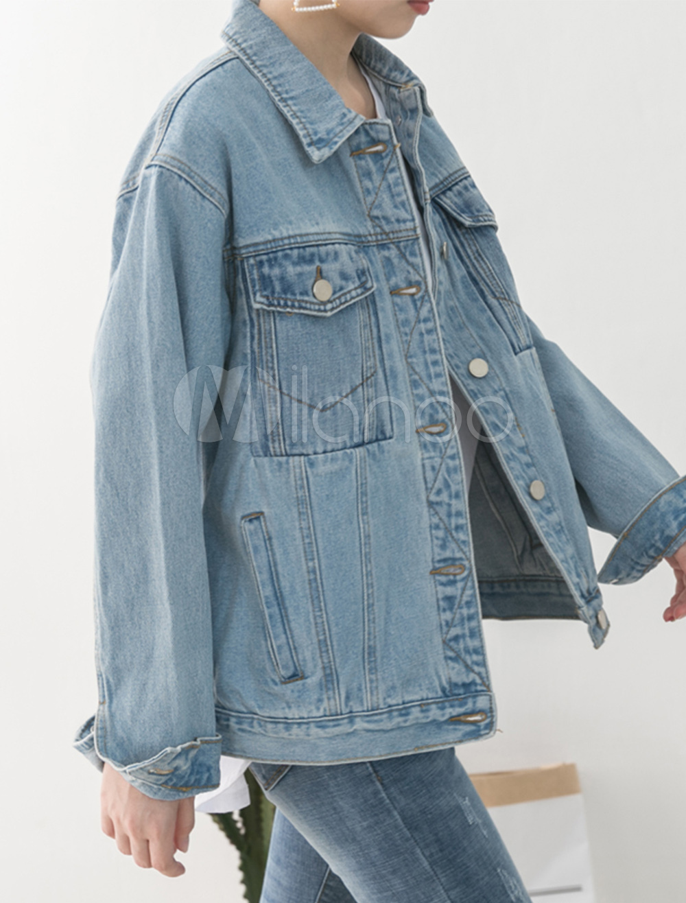 Blue Denim Jacket Oversized Ripped Elbow Long Sleeve Button Women