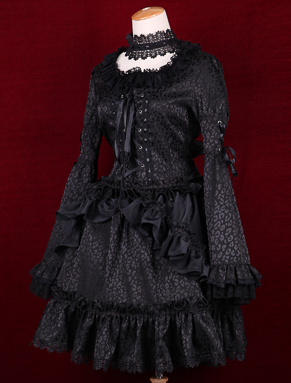 Black Satin Square Neck Long Sleeves Ruffles Gothic Lolita Dress ...