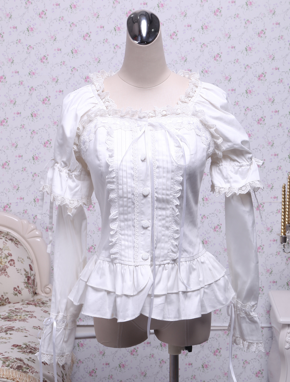 White Cotton Lolita Blouse Long Sleeves Square Neck Lace Trim Layered Ruffles Lace Bow - Milanoo.com