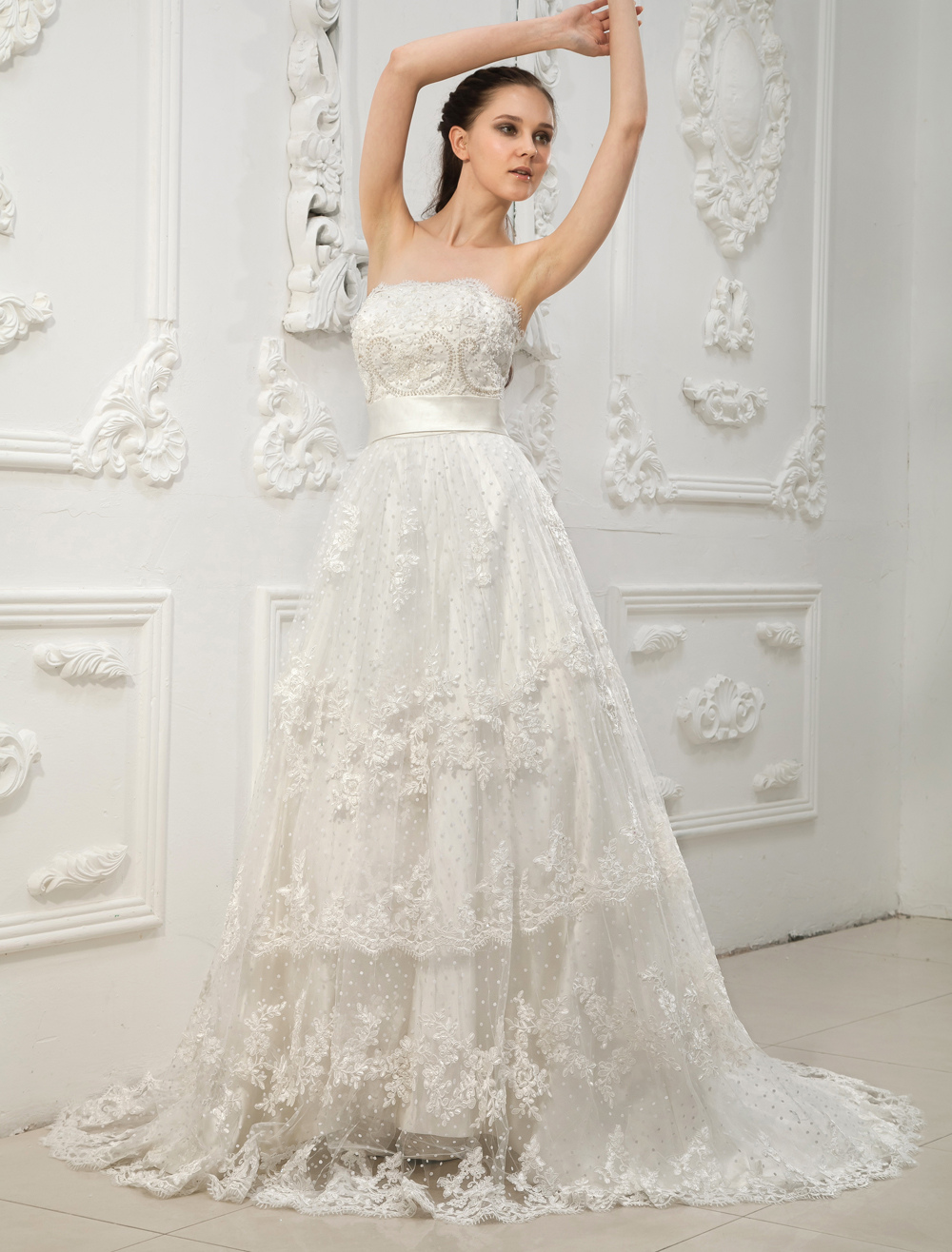 Abito Da Sposa In Pizzo Vintage Con Strascico - Senza Spalline, Taglie C-F, Bianco - Foto 3