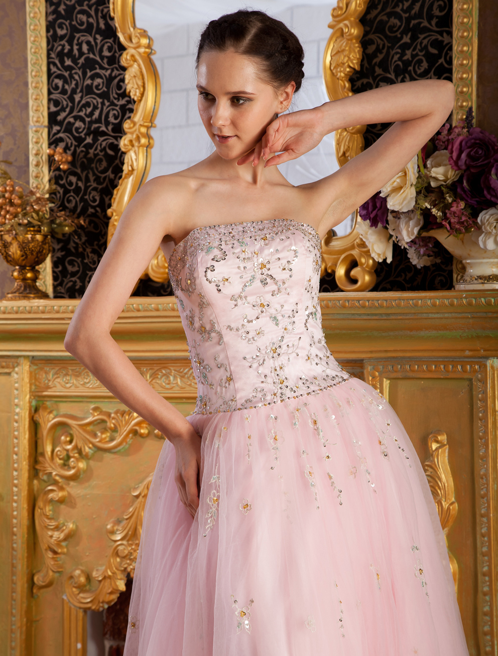 Sweet Strapless Embroidery Net Satin Woman's Prom Dress - Milanoo.com