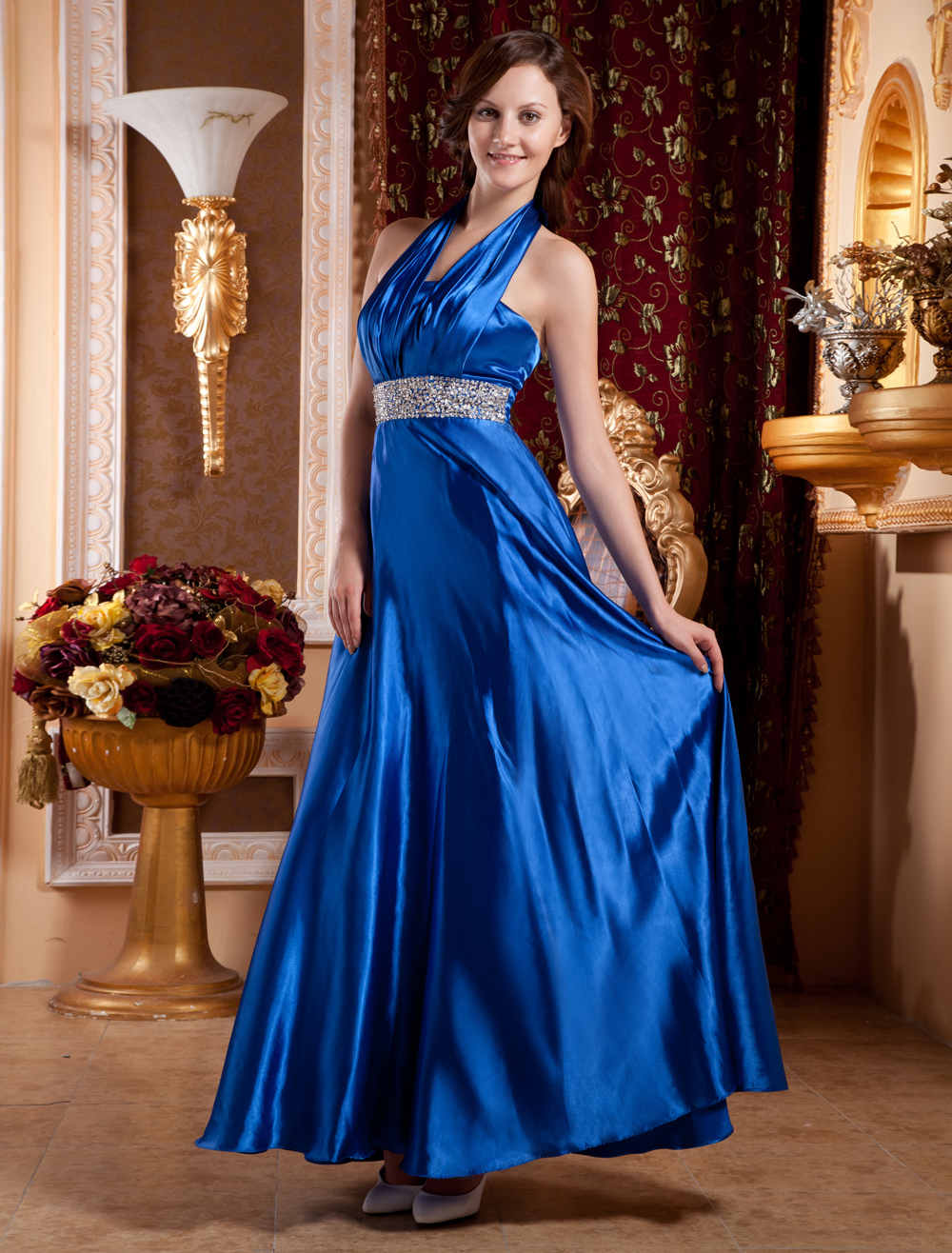 Royal Blue Halter A Line Beading Satin Evening Dress