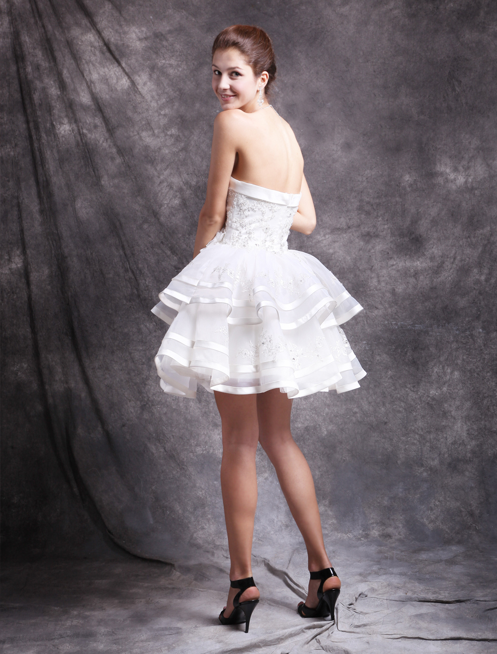 Ivory Tiered Knee Length Satin Bridal Short Wedding Dress - Milanoo.com