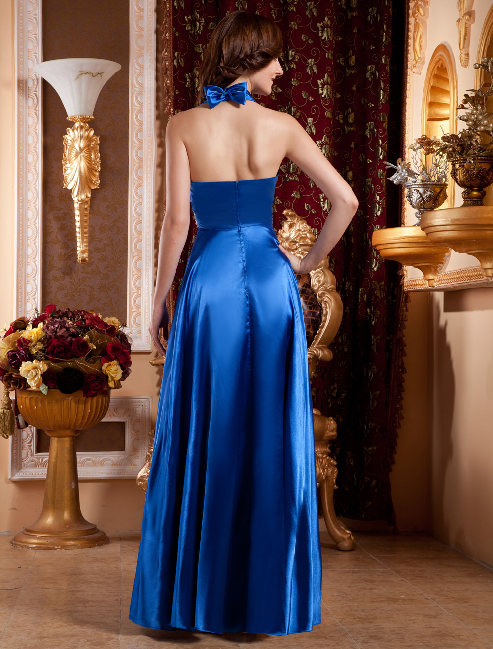 Royal Blue Halter Aline Beading Satin Evening Dress
