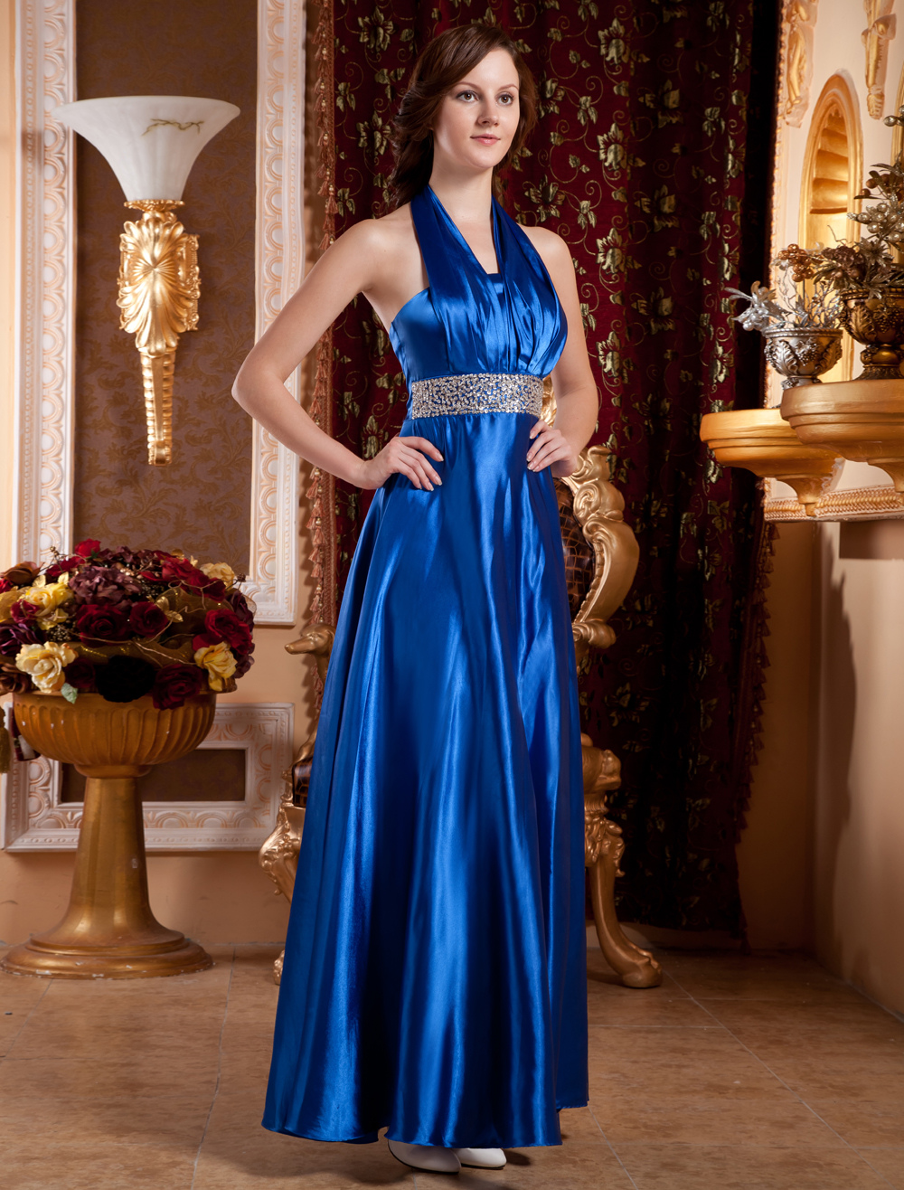 Royal Blue Halter A-line Beading Satin Evening Dress - Milanoo.com