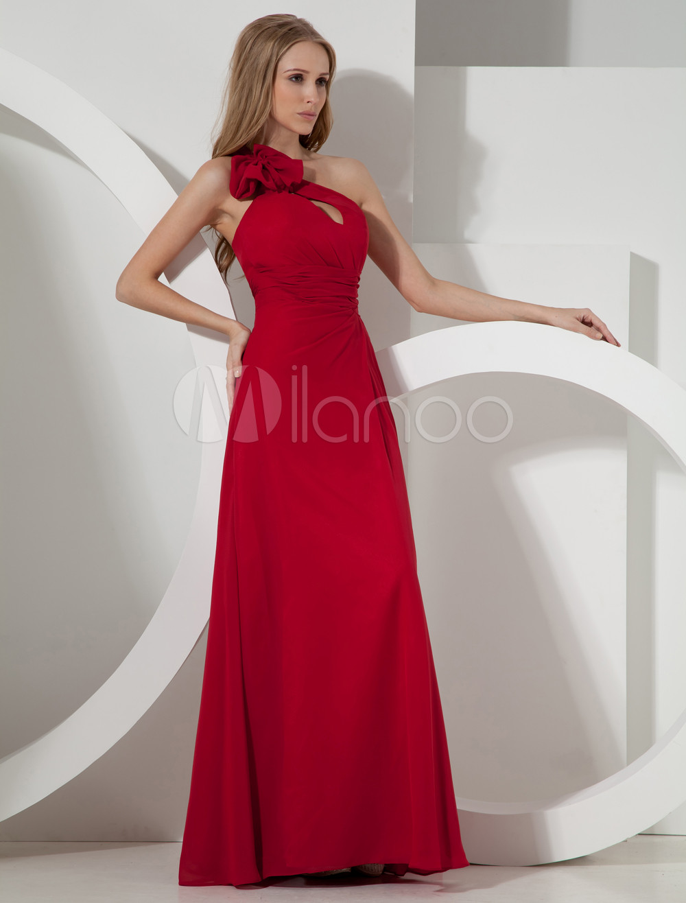 Red One-Shoulder Bow Chiffon Woman's Prom Dress - Milanoo.com