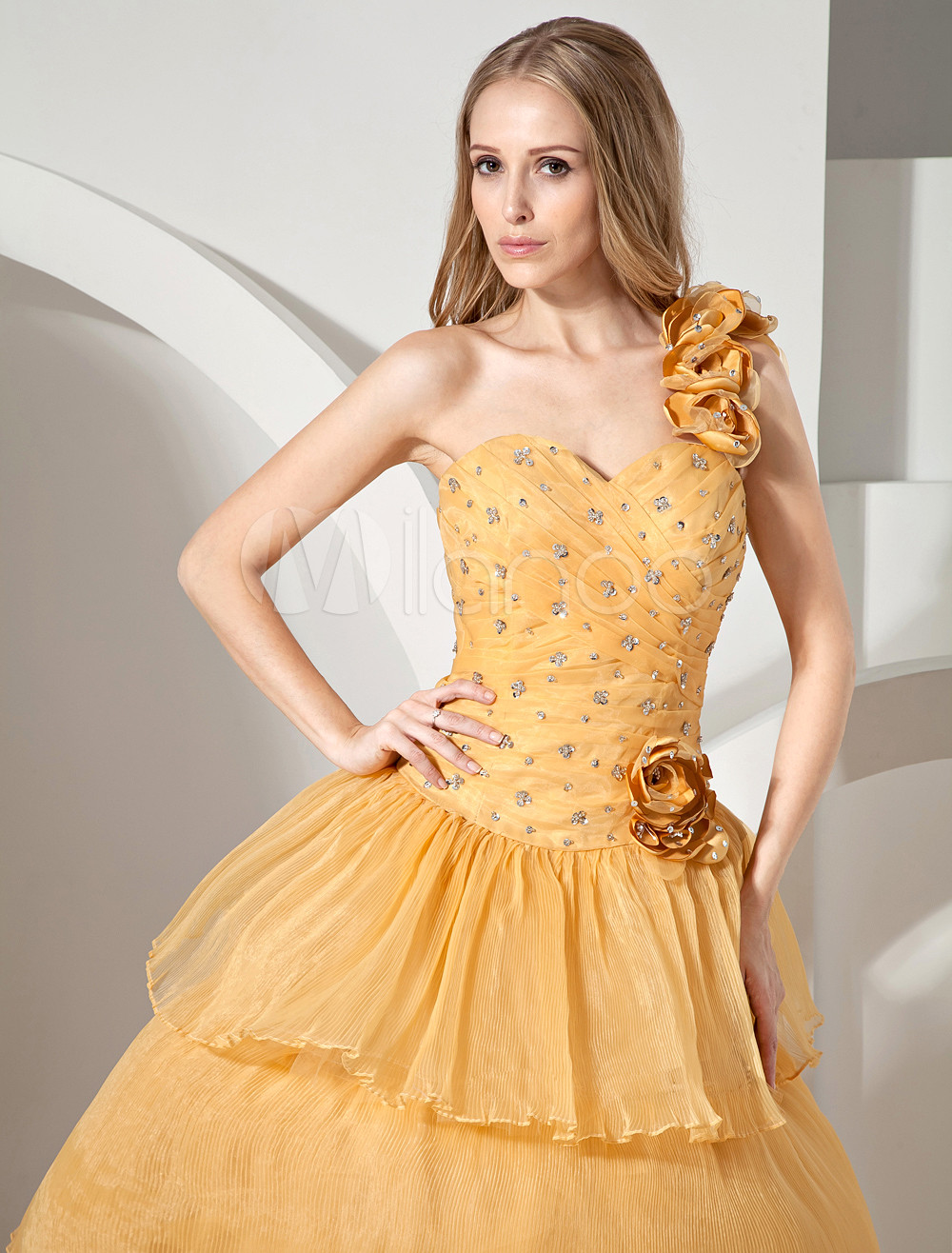 Gold One-Shoulder Flower Organza Woman's Prom Dress - Milanoo.com
