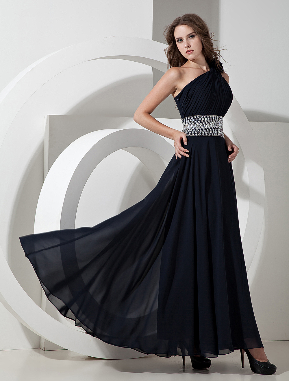 Dark Navy Blue Chiffon One Shoulder Prom Dress Wedding Guest Dress ...