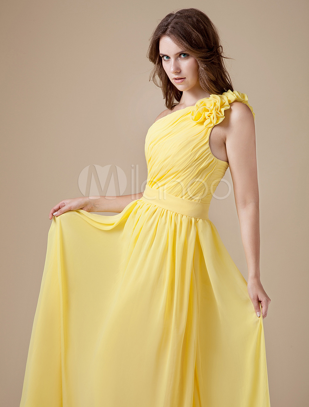 One-Shoulder Floor-Length Bridesmaid Dress with Cascading Ruffle ...