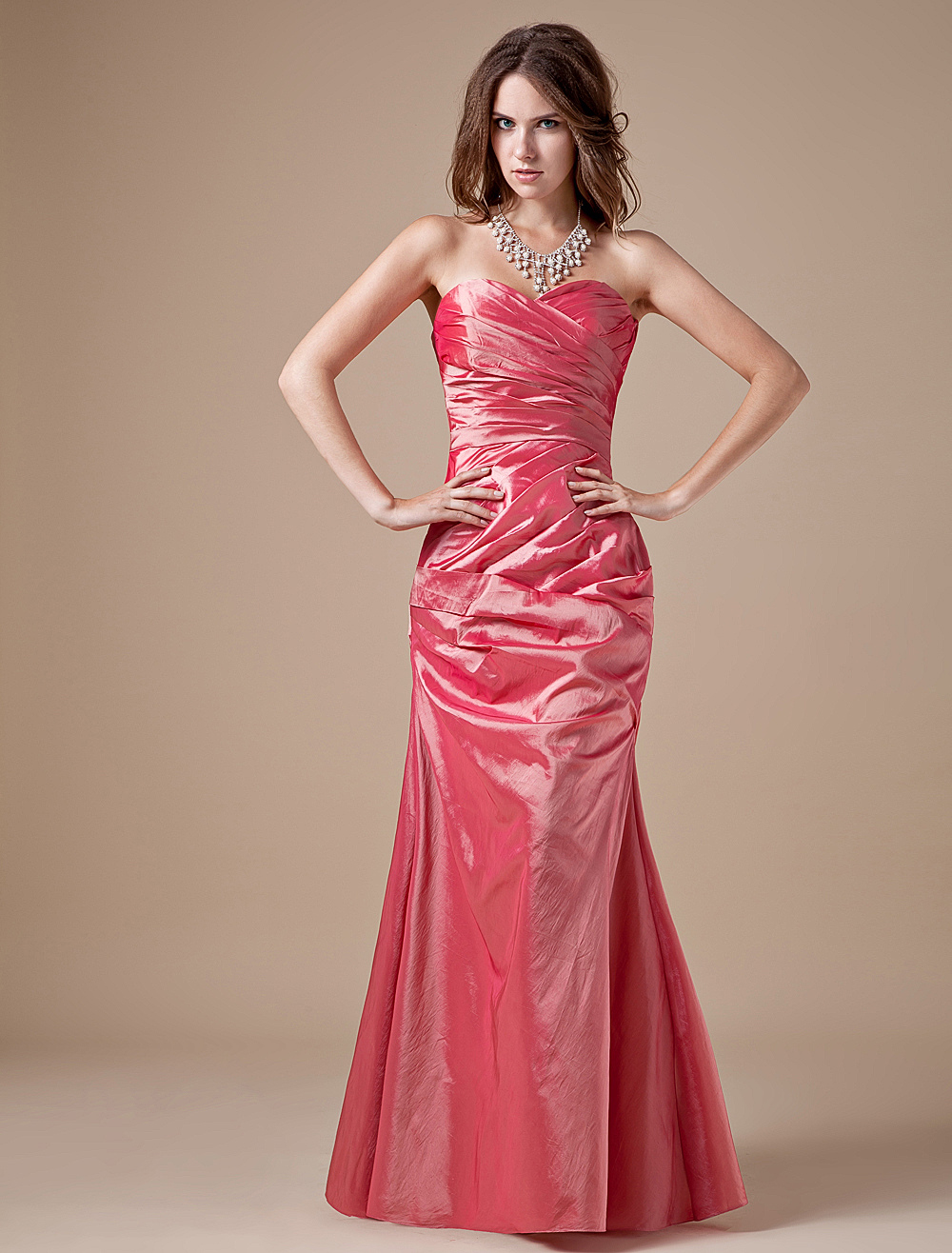 Sweetheart Bridesmaid Dress Pleated Taffeta Salmon Strapless Maxi ...