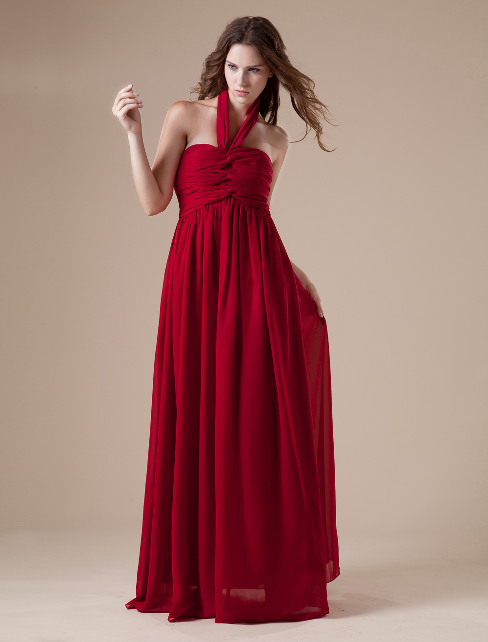Claret A-line Halter Chiffon Floor-length Evening Dress - Milanoo.com