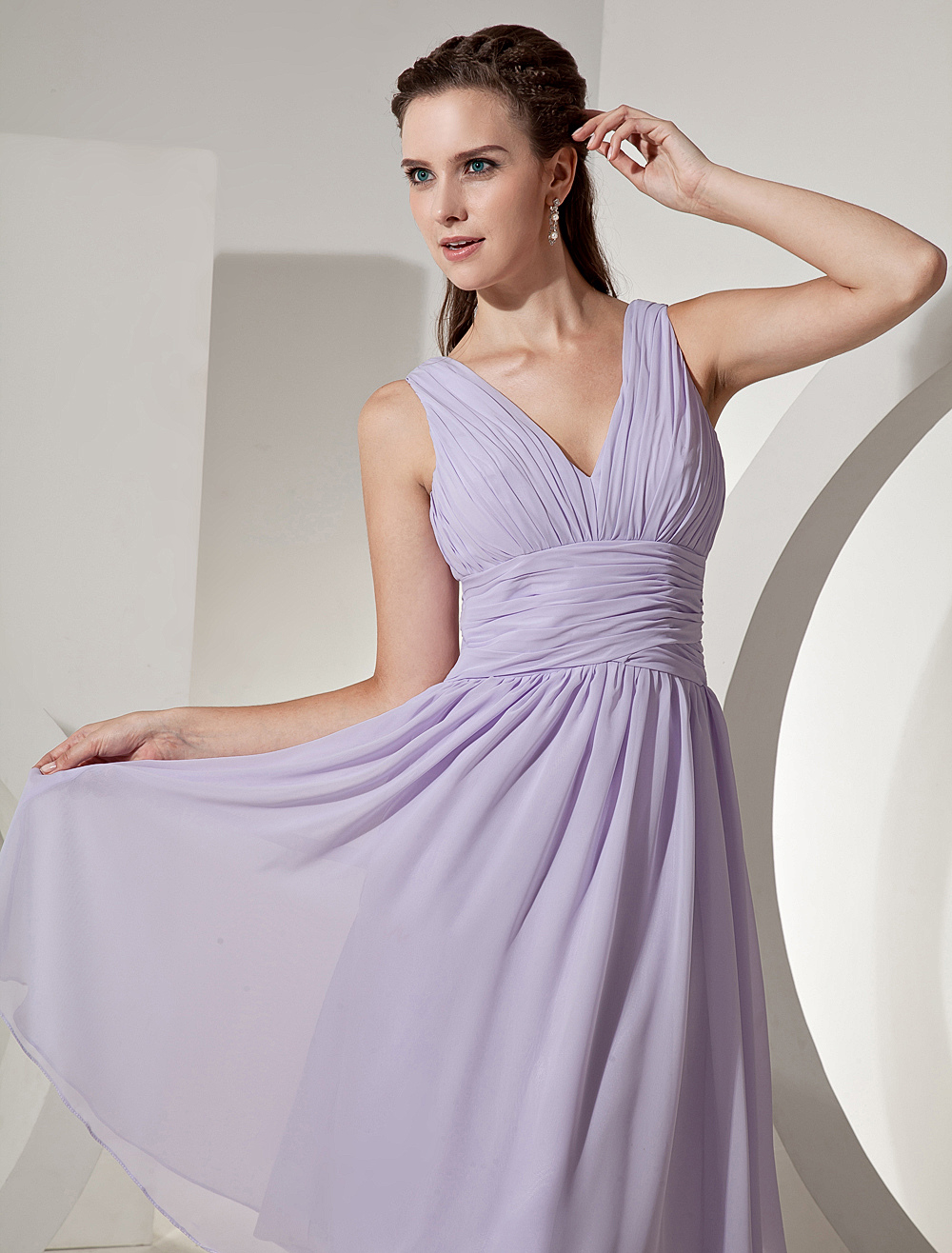 Lilac Bridesmaid Dress V Neck Ruched Chiffon A Line Knee Length Short ...