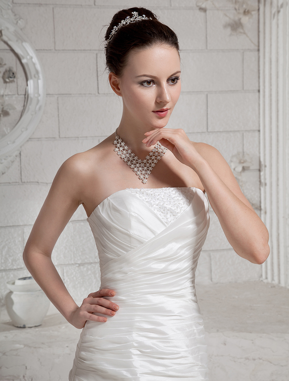 Romantic A-line Strapless Pleated Taffeta Lace Wedding Dress - Milanoo.com