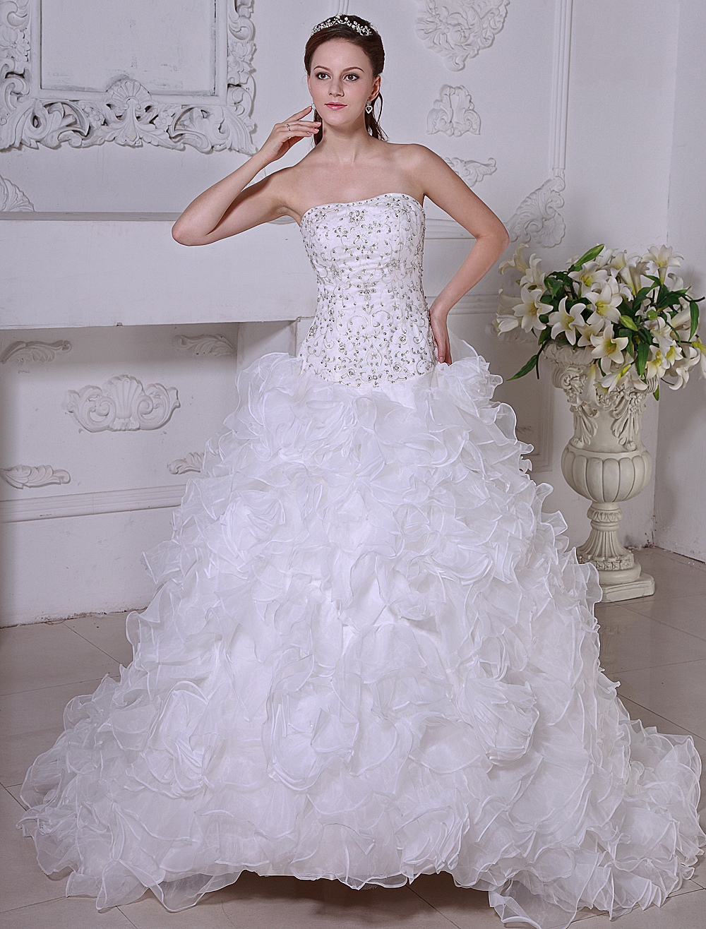 Ivory Wedding Dress Ball Gown Strapless Embroidered Organza Wedding ...