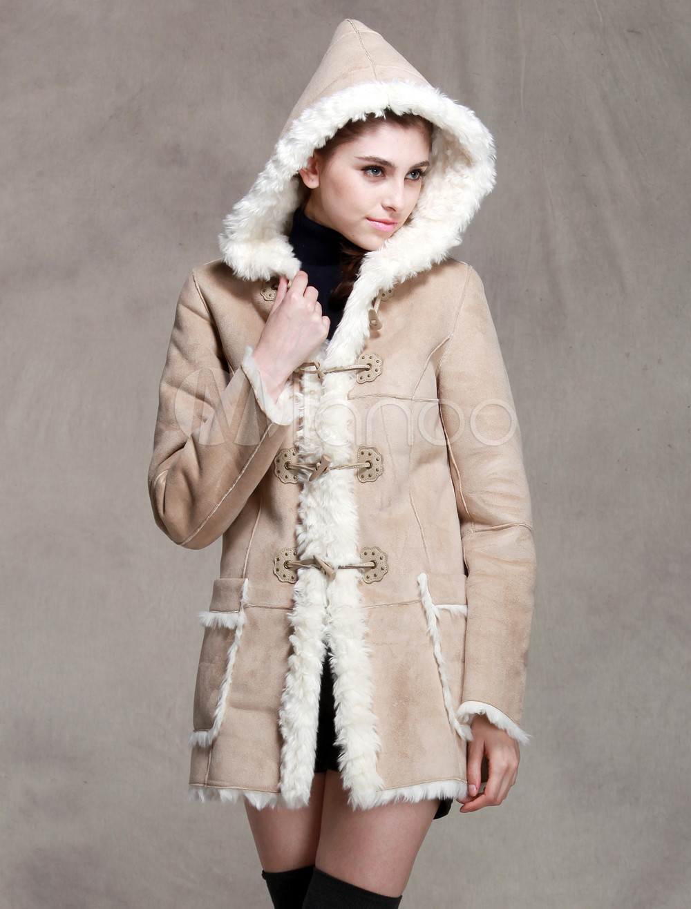 Popular Beige Imitated Fur Women's Fur Coat