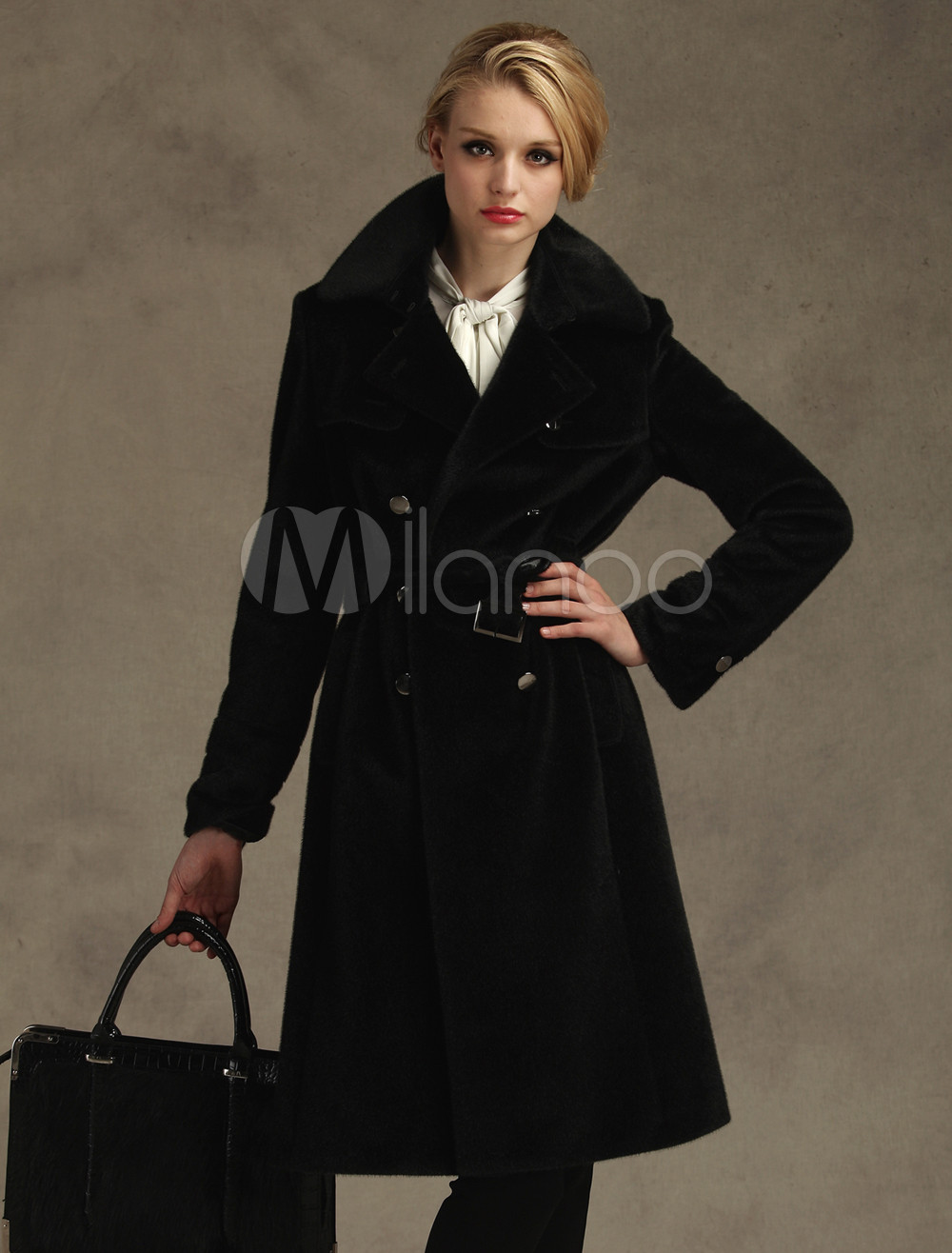 Chic Black Polyester Women's Pea Coat - Milanoo.com