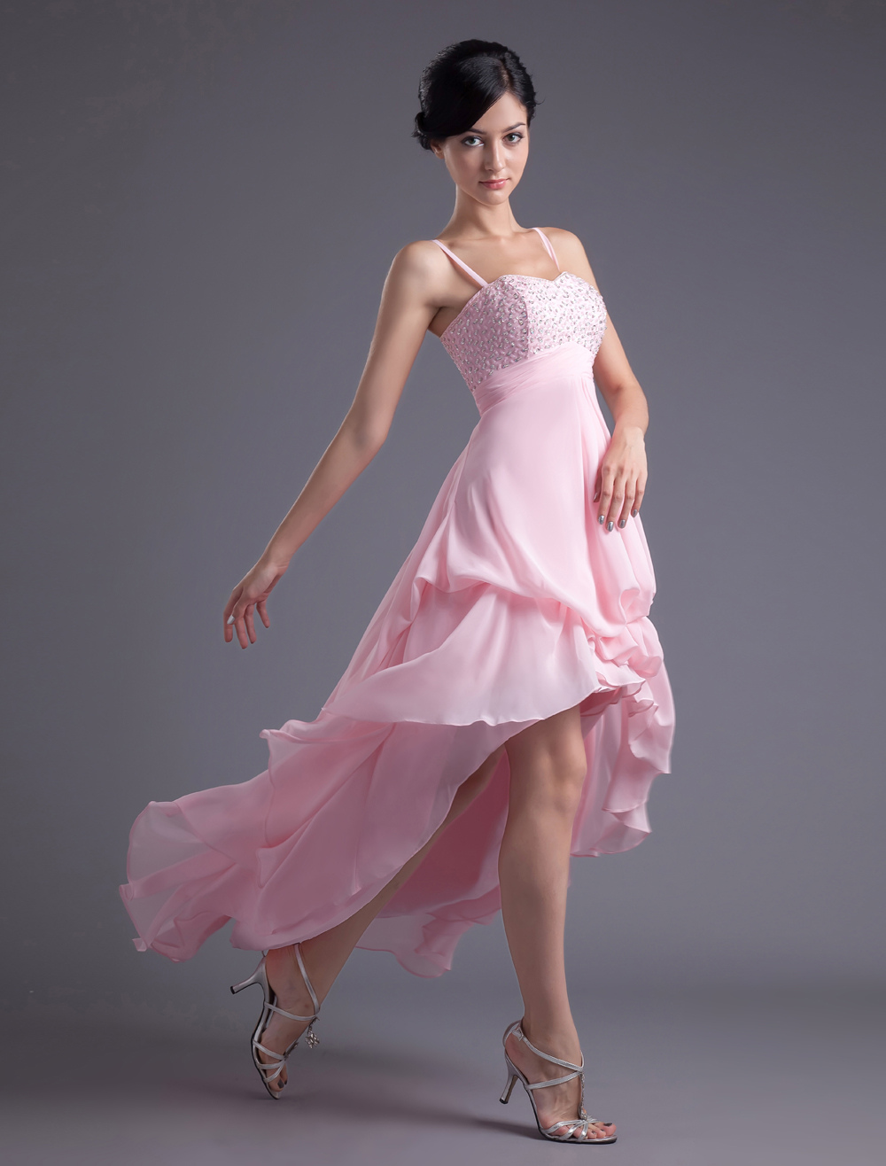 Aline Pink Chiffon Beading Straps Asymmetrical Women's Prom Dress