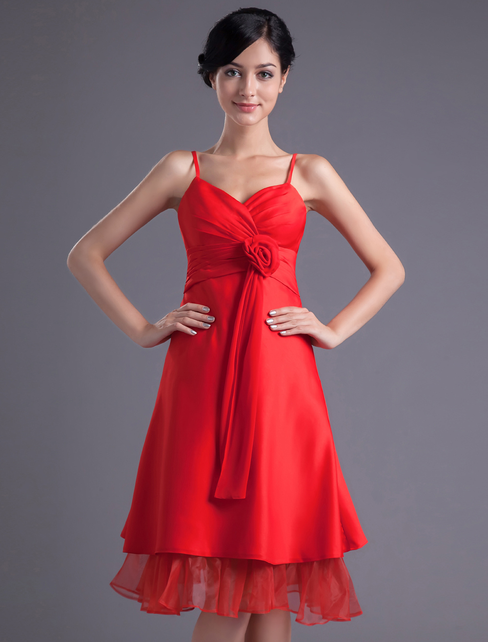 A-line Red Satin Floral Straps Knee-Length Fashion Bridesmaid Dress ...