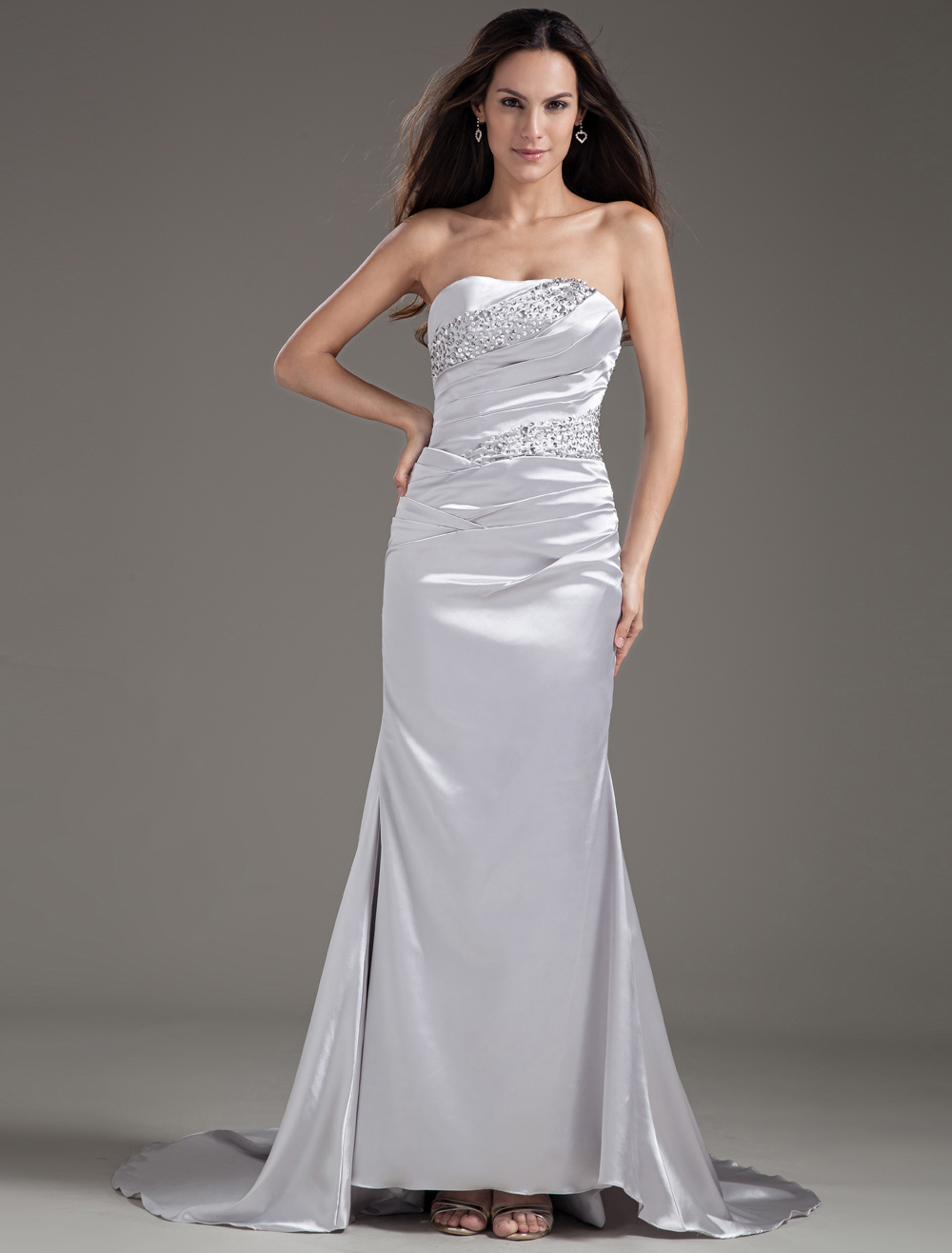 Elegant Sheath Sequin Strapless Silver Evening Dress - Milanoo.com