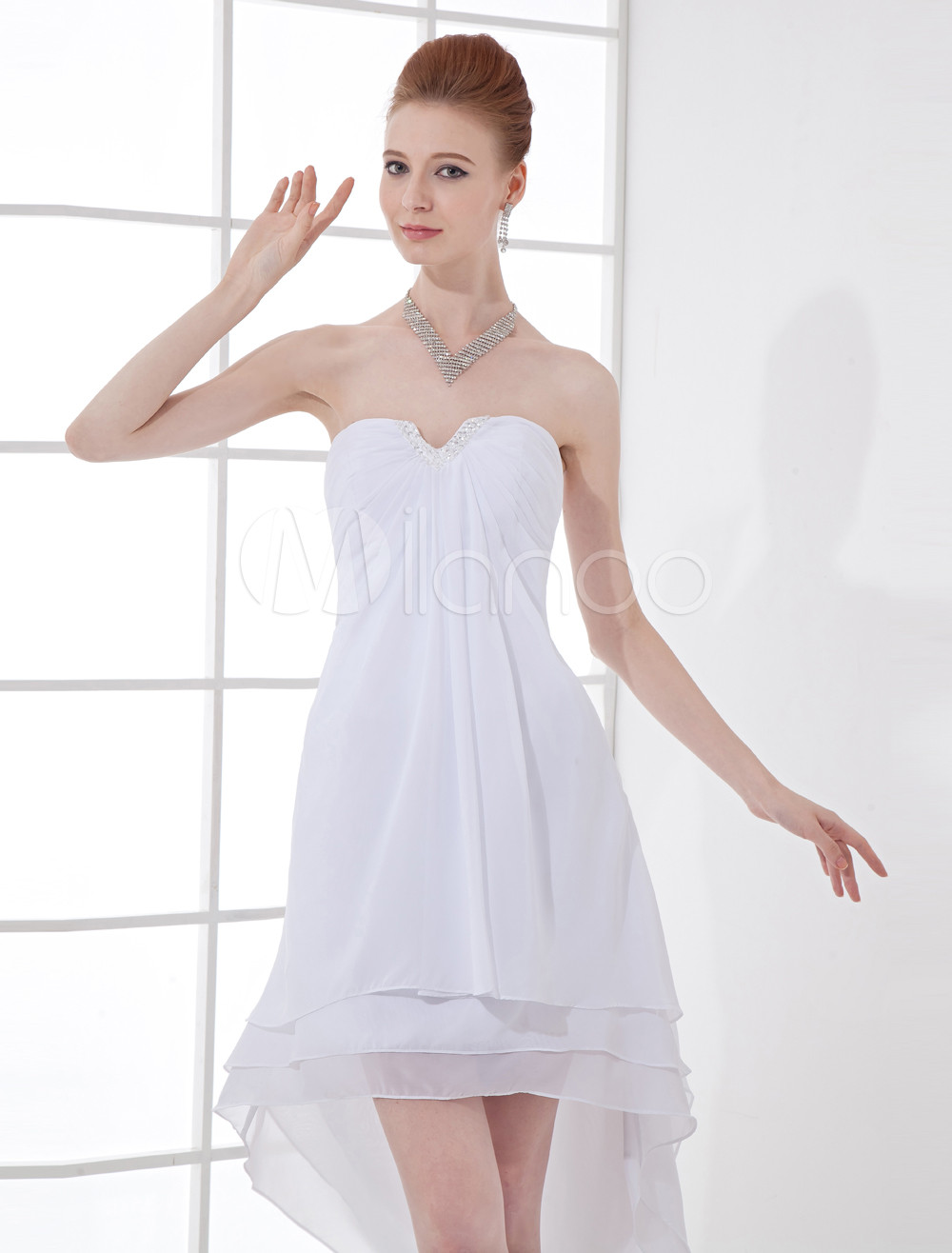 Chic A-line Chiffon Asymmetrical White Graduation Dress with Beading ...