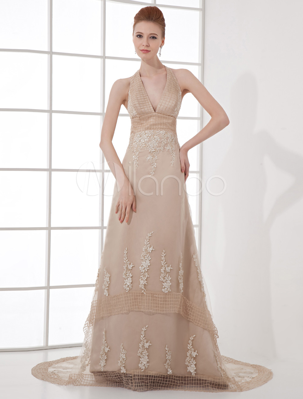 Elegant Champagne Net Lace Halter Women's Evening Dress - Milanoo.com