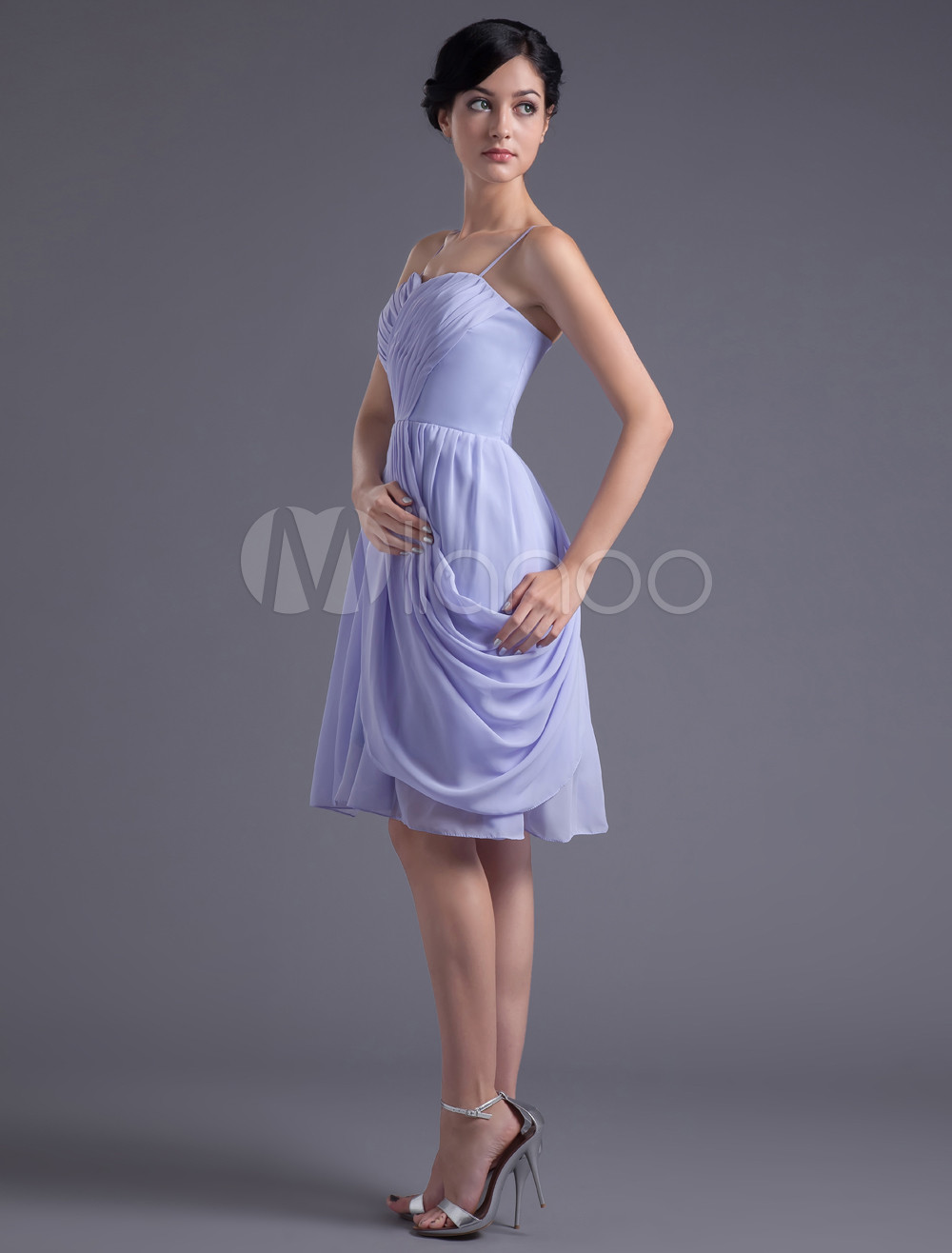 A Line Lavender Chiffon Straps Knee Length Wedding Bridesmaid Dress 7726