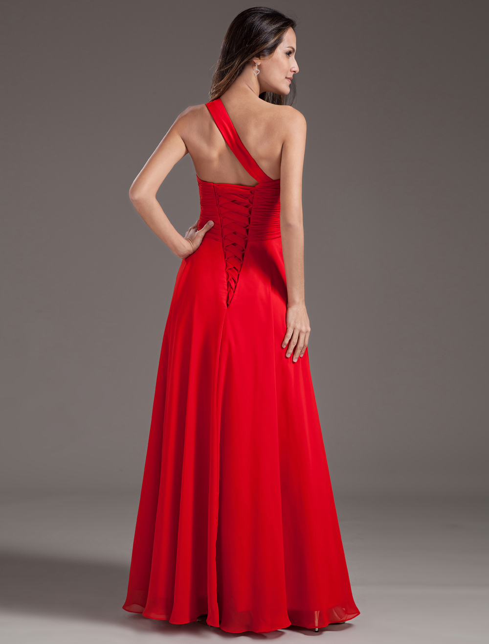 Sexy A Line Red Chiffon Sequin One Shoulder Prom Dress