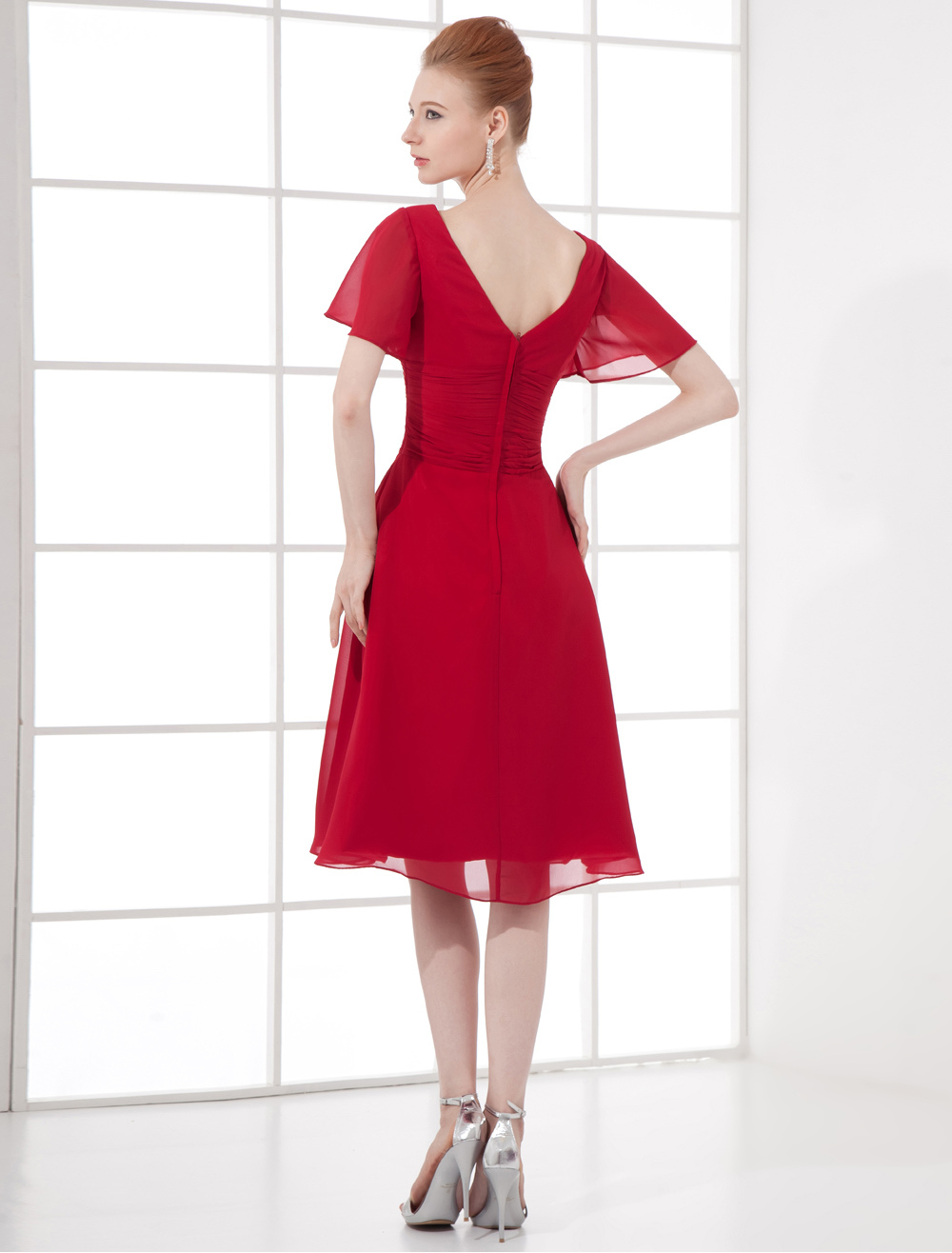 Burgundy Chiffon VNeck KneeLength Cocktail Dress Wedding Guest Dress