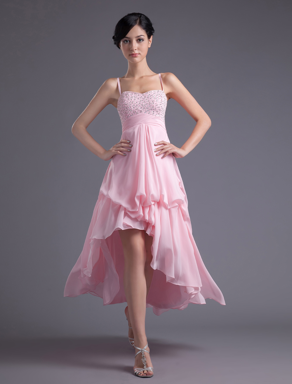 Aline Pink Chiffon Beading Straps Asymmetrical Women's Prom Dress