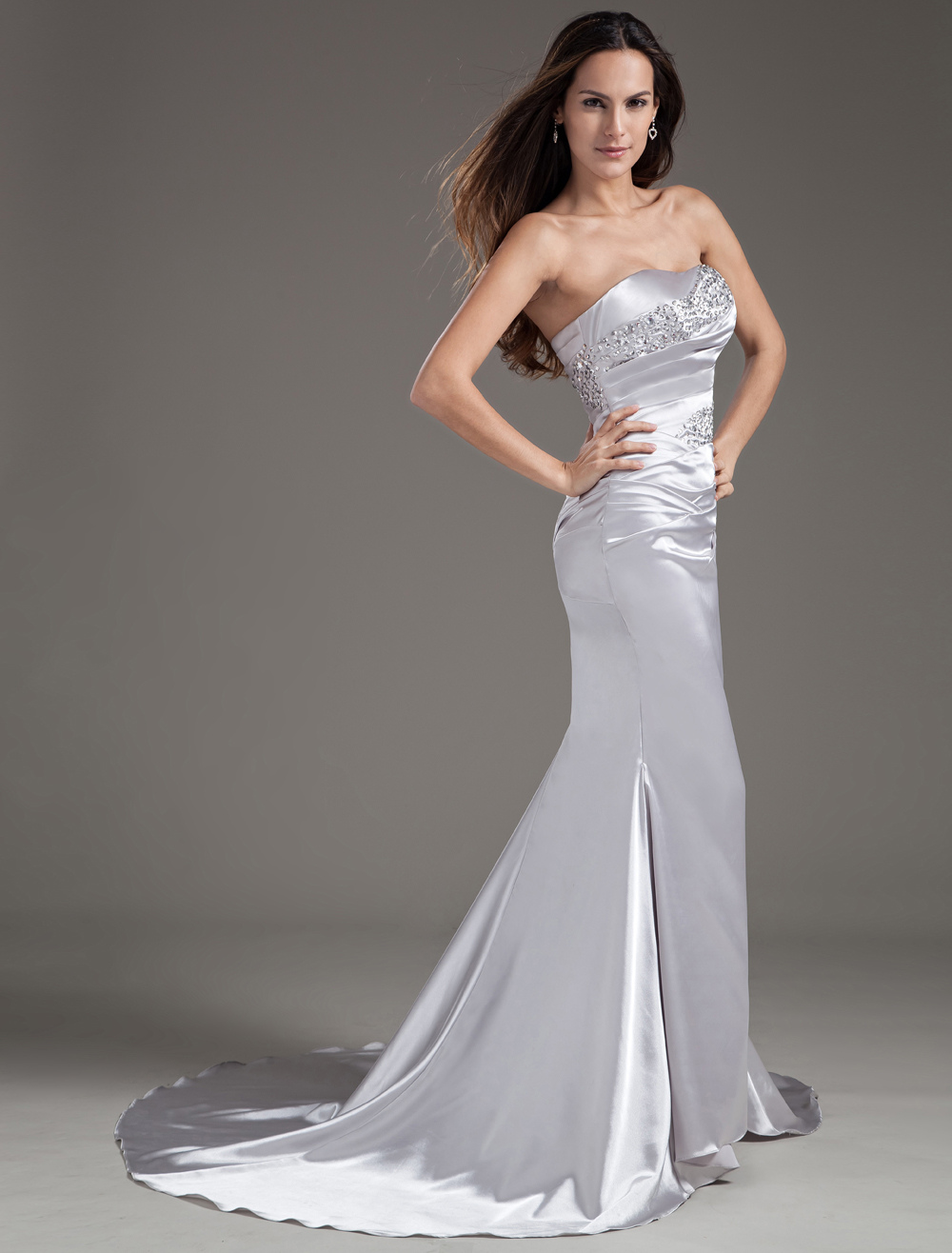 Elegant Sheath Sequin Strapless Silver Evening Dress 0593