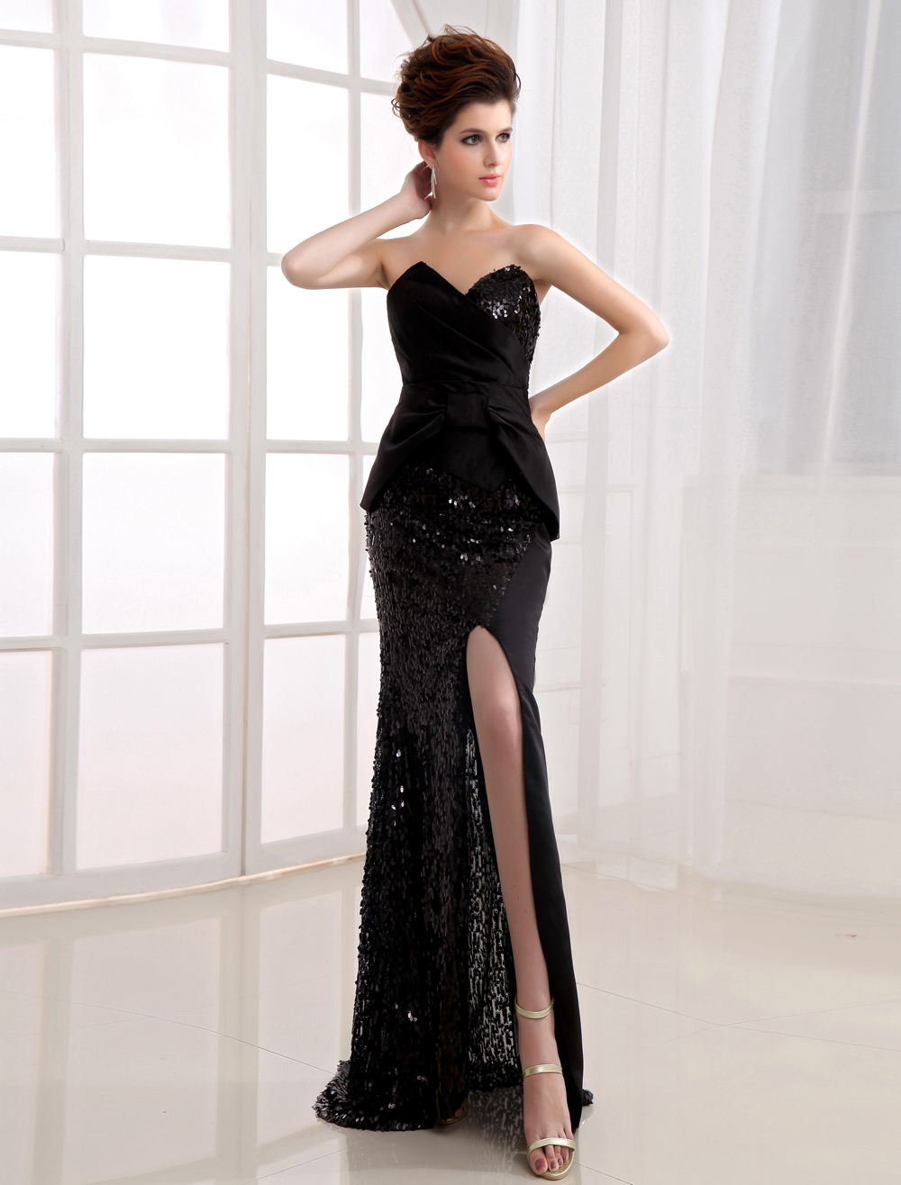 Satin Sequin Side Split Evening Dress - Milanoo.com