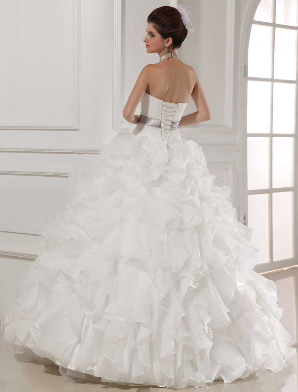 White Sweetheart Rhinestone Pleated Organza Wedding Dress For Bride 4952