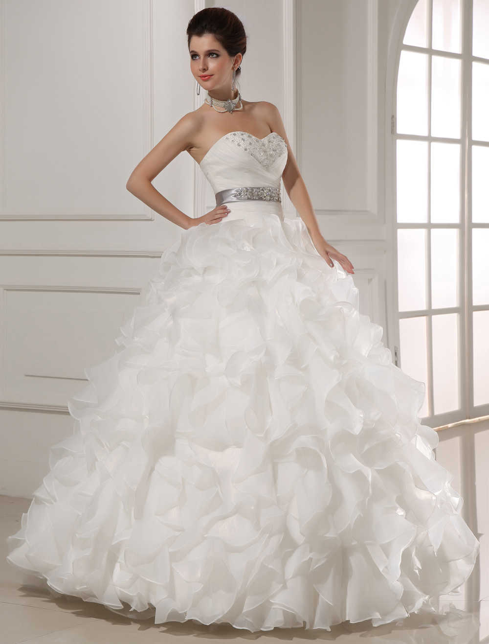 White Sweetheart Rhinestone Pleated Organza Wedding Dress For Bride 5937