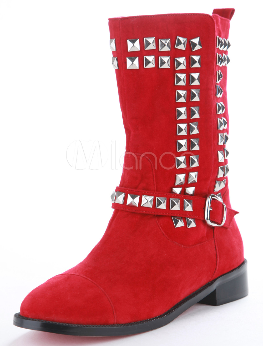 Vintage Red Terry Studded Women's Mid Calf Boots