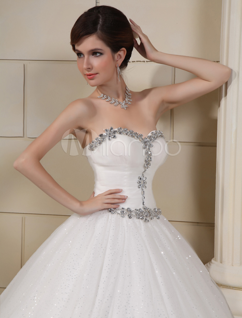 White Sweetheart Rhinestone Tulle Bridal Wedding Dress Milanoo