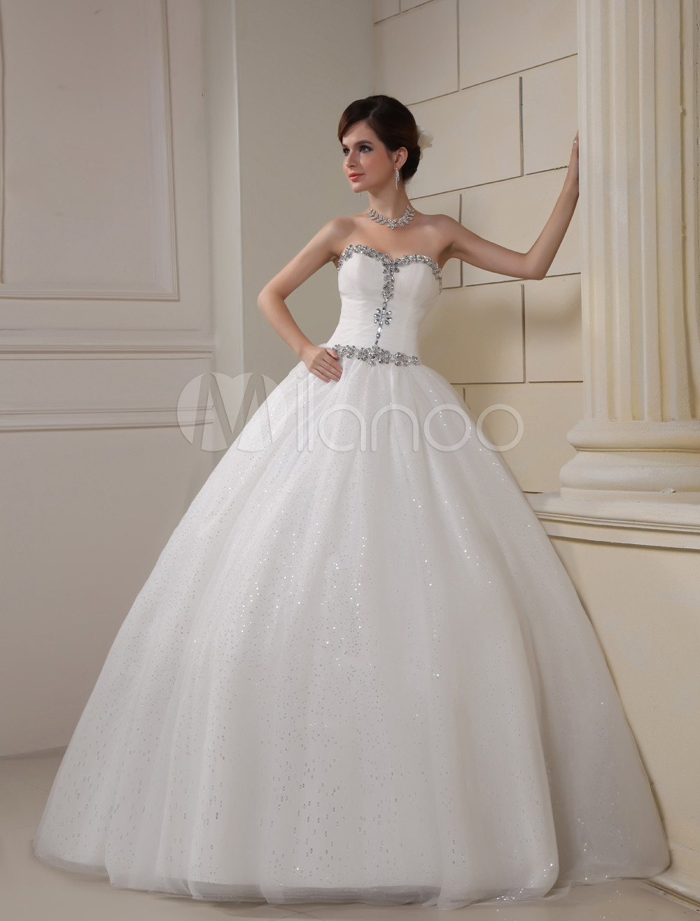 White Sweetheart Rhinestone Tulle Bridal Wedding Dress - Milanoo.com