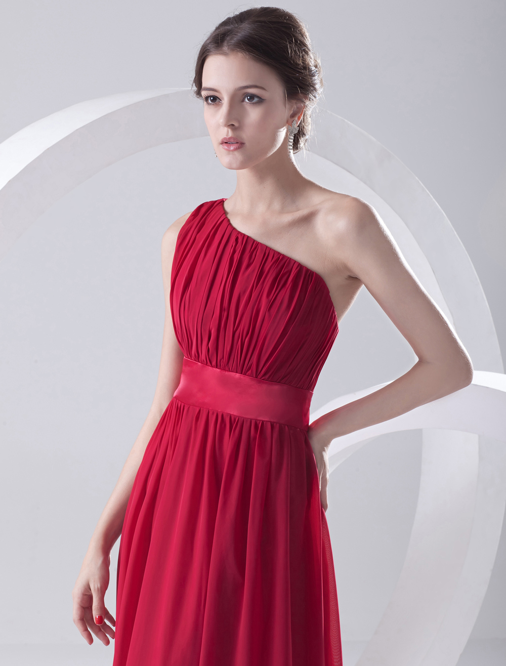 Red Chiffon One Shoulder Bridesmaid Dress 9540