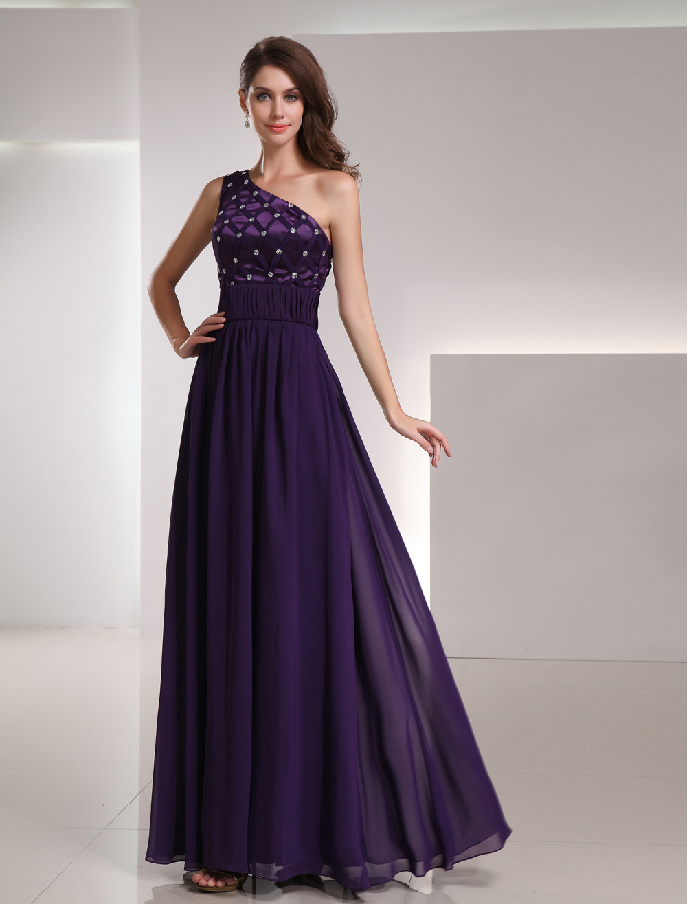 Chiffon Evening Dress Royal Purple One Shoulder Prom Dress Beading ...