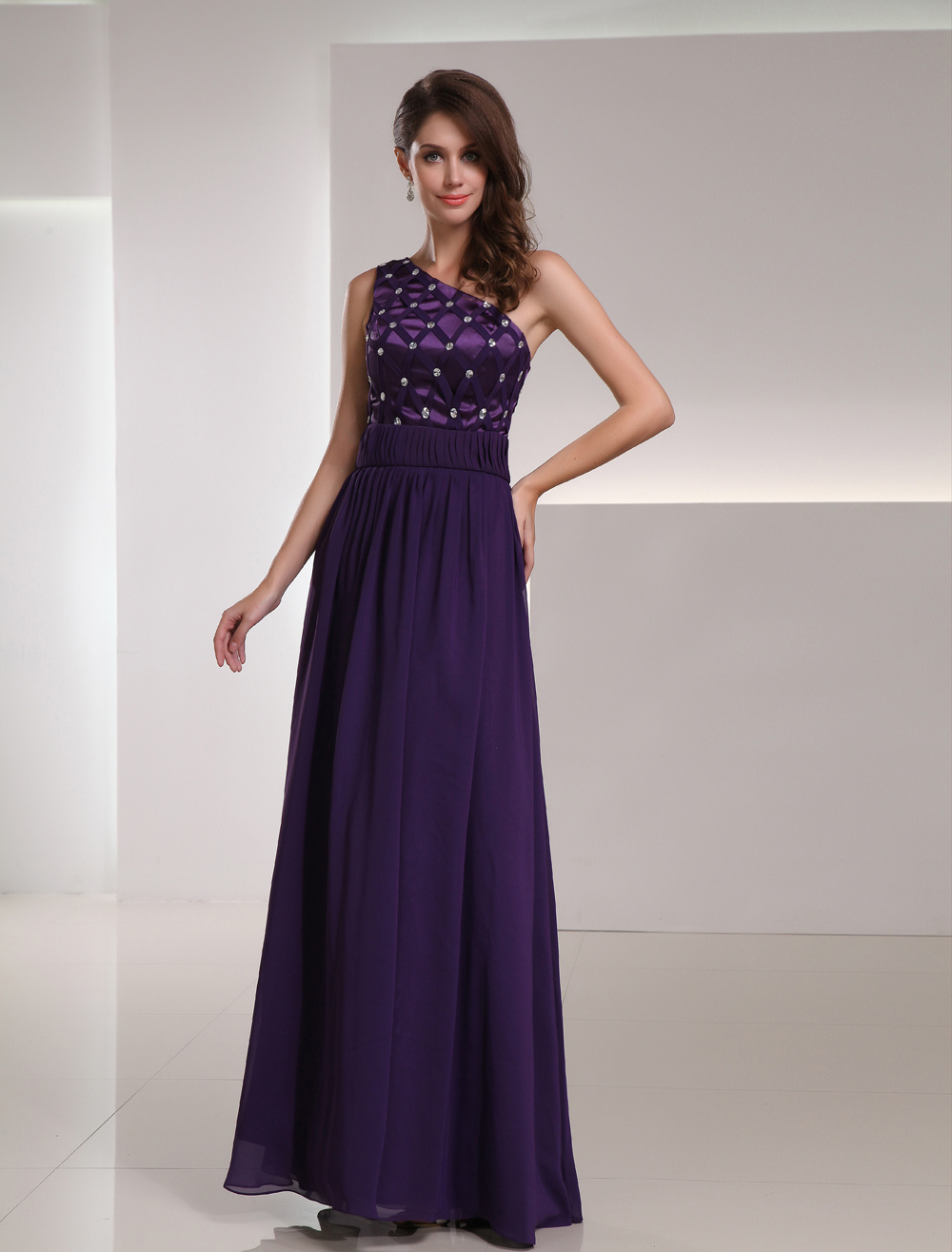 Chiffon Evening Dress Royal Purple One Shoulder Prom Dress Beading ...