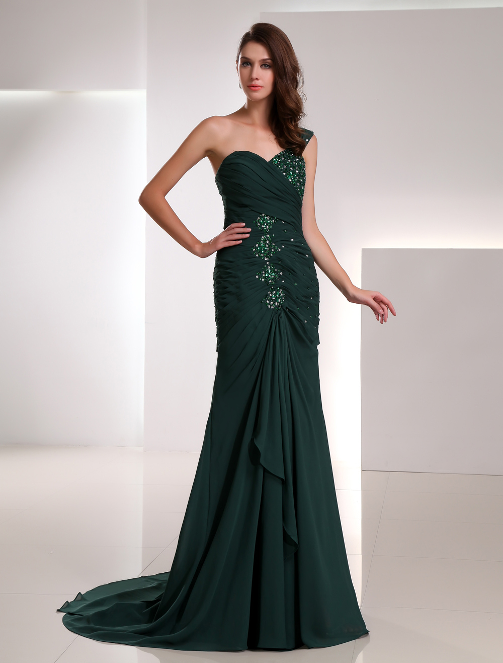 Sheath Dark Green Chiffon Sequin One-Shoulder Fashion Prom Dress ...