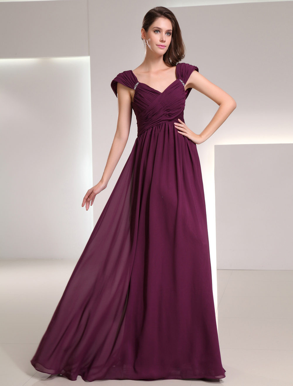 Chiffon Bridesmaid Dress Sleeveless Pleated Cowl Back Maroon Floor ...