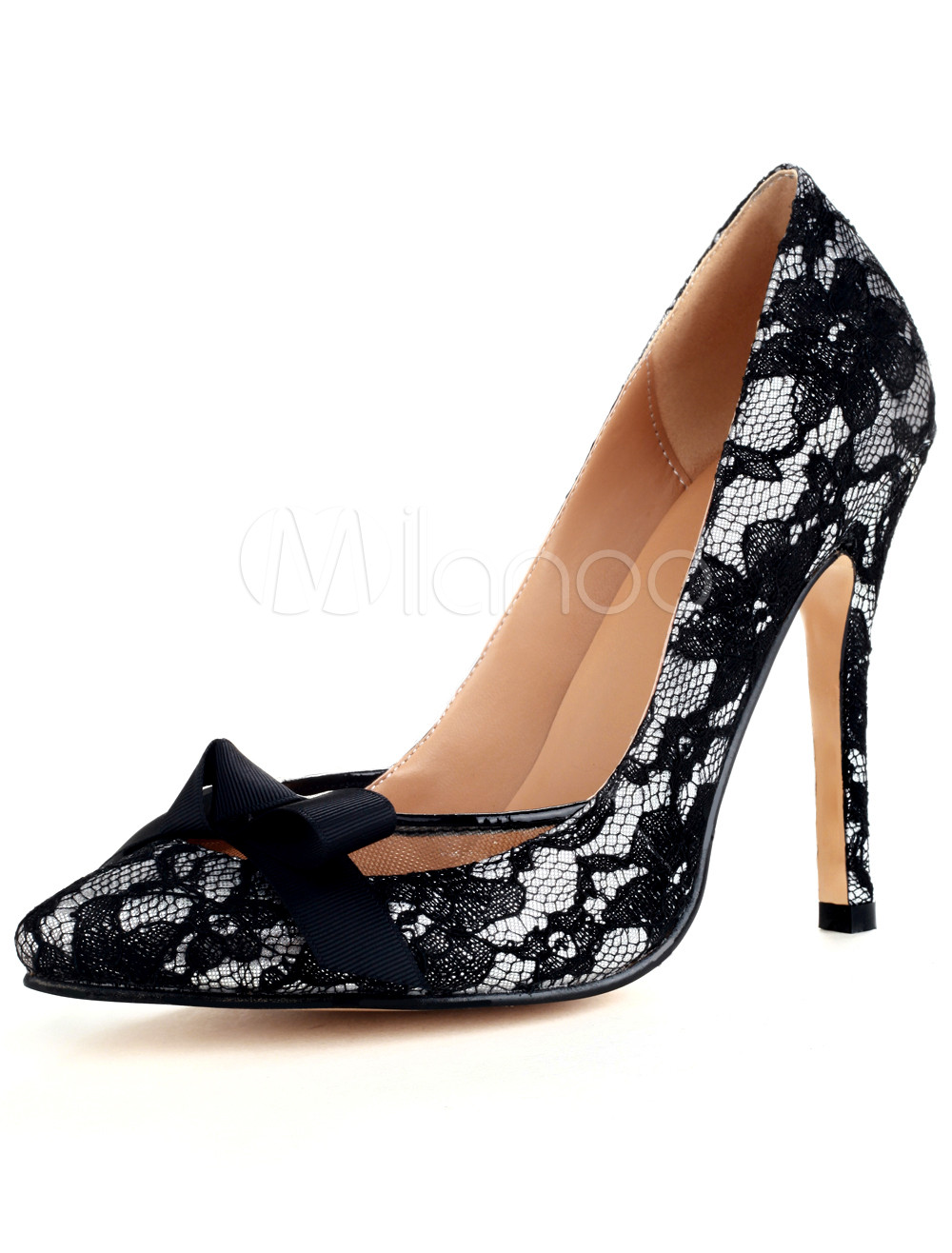 Black Lace Pointed Toe Mesh High Heels 8993