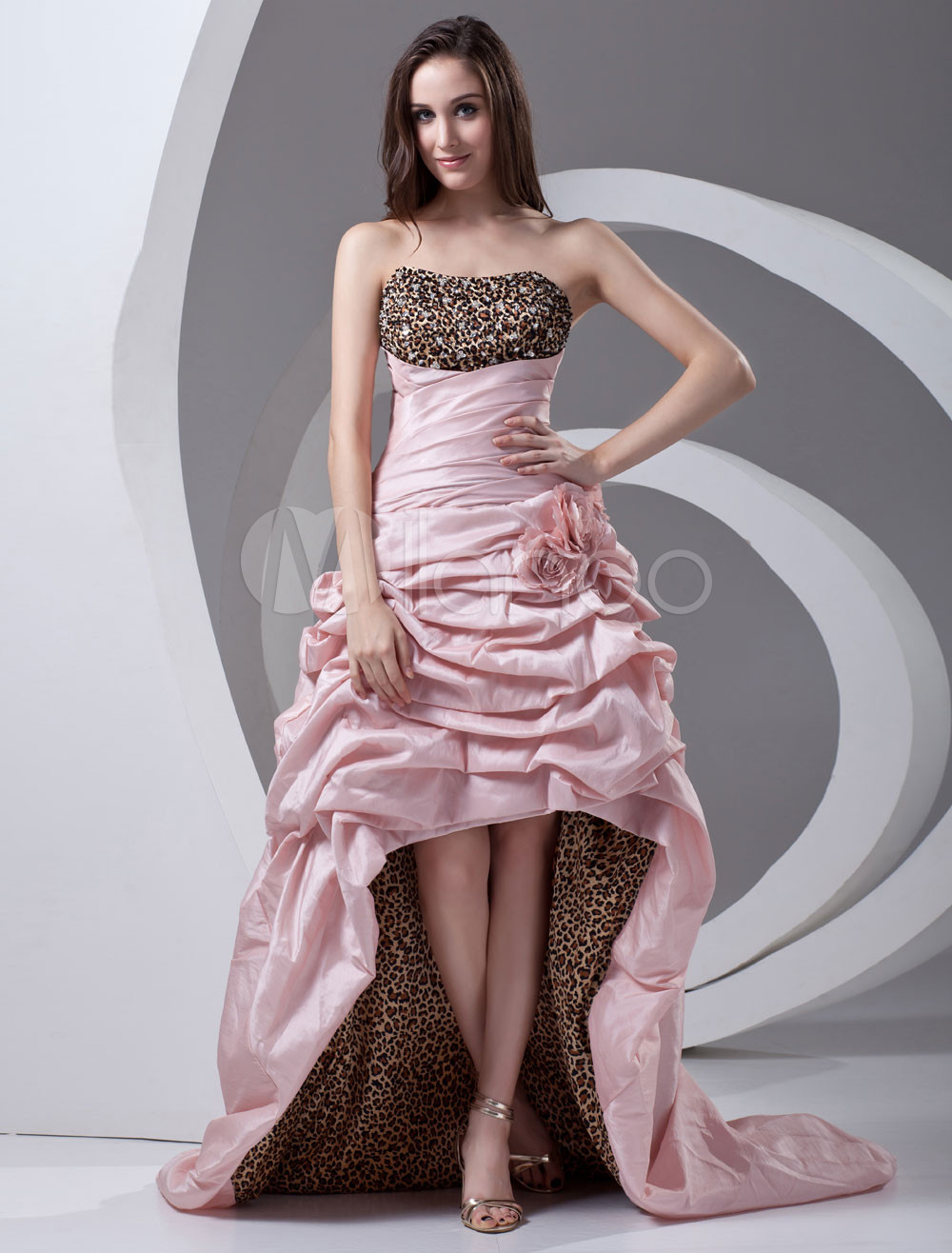 A Line Pink Taffeta Ruched Strapless Prom Dress 0646