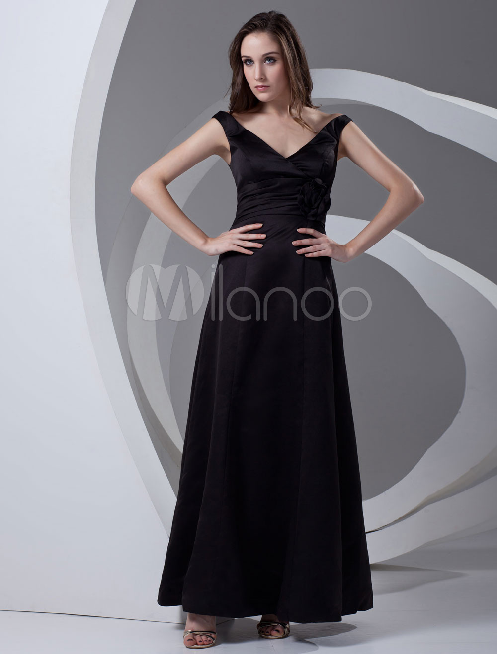 Brown Satin Floral Off-The-Shoulder Bridesmaid Dress - Milanoo.com