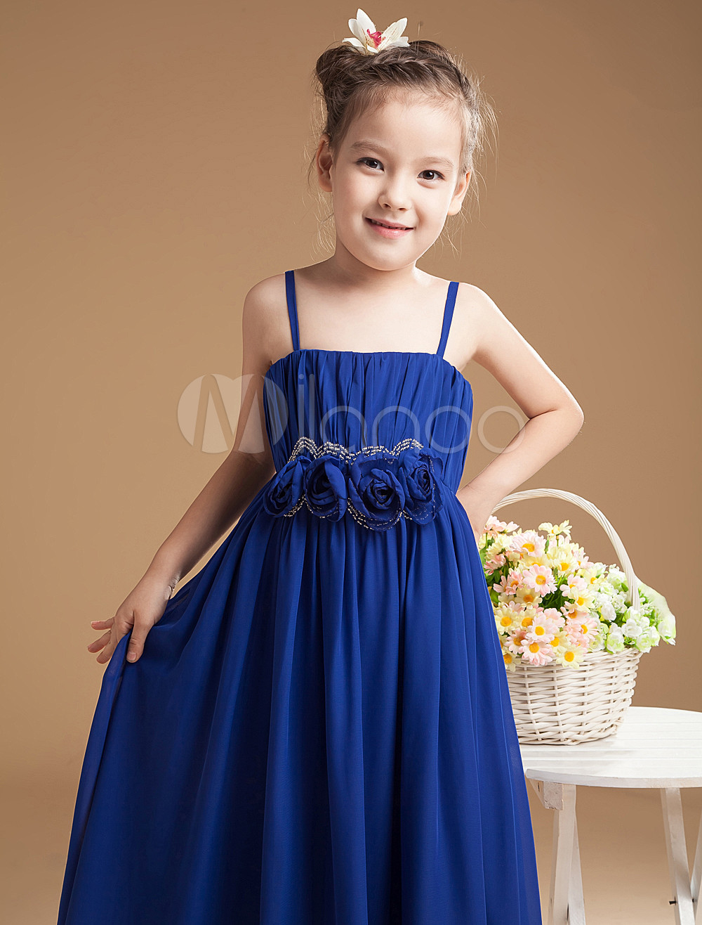 Vestido para las niñas de flores de chifón de azul francia con tirantes