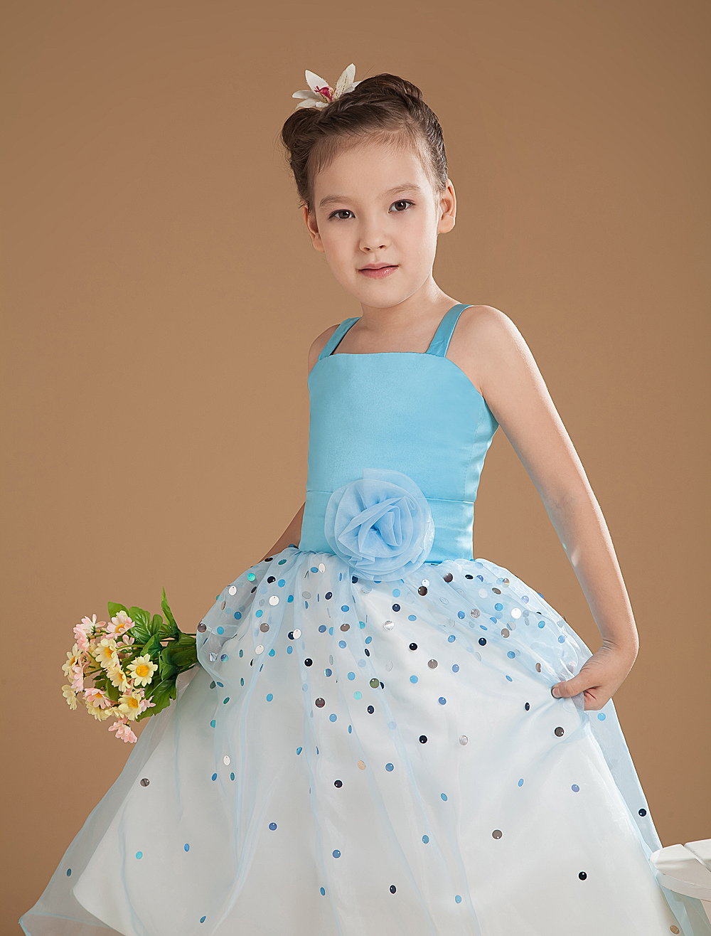 Light Sky Blue Satin Organza Beading Flower Girl Dress - Milanoo.com